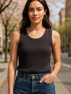Sleeveless Ribbed Knit Tank Top - Black